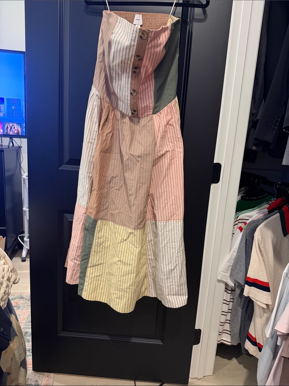Anthropologie Patchwork Strapless Button-Front Midi Dress